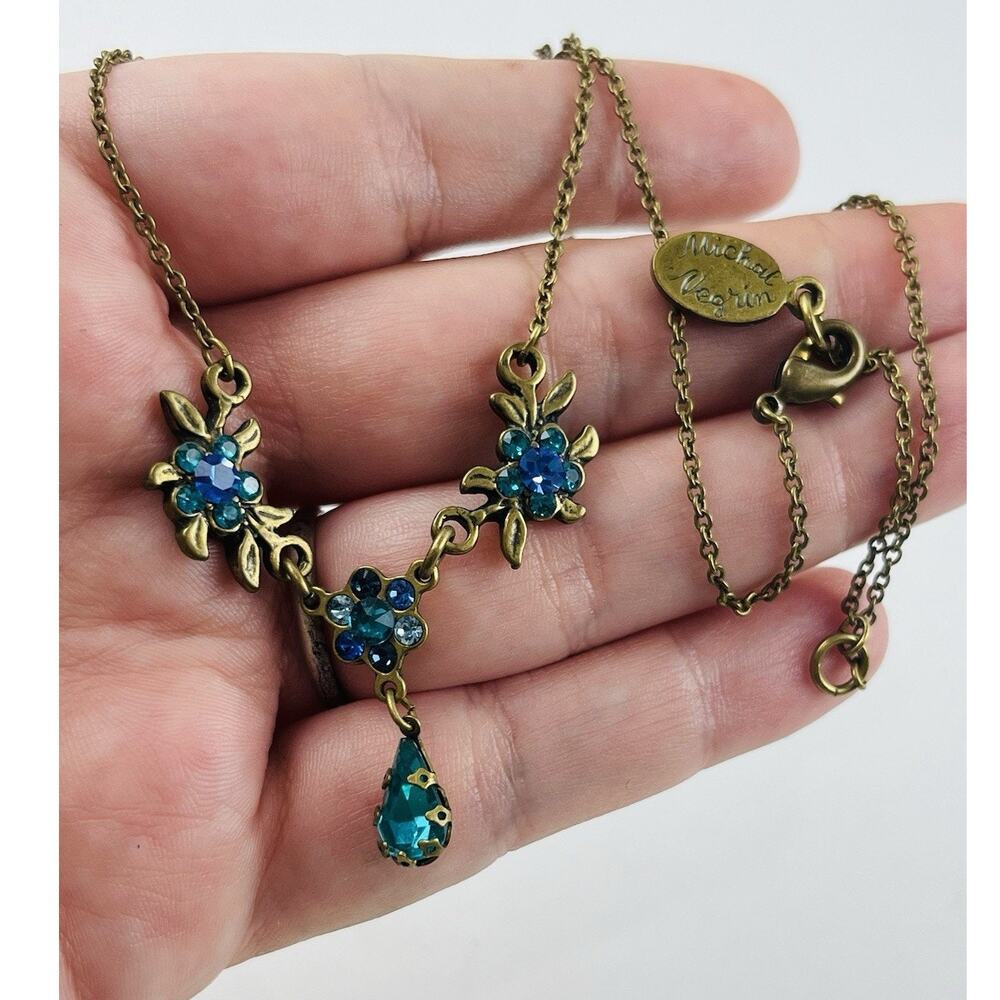Vintage Michal Negrin Necklace blue flowers stone crystals Azure Bib Dainty Leaf